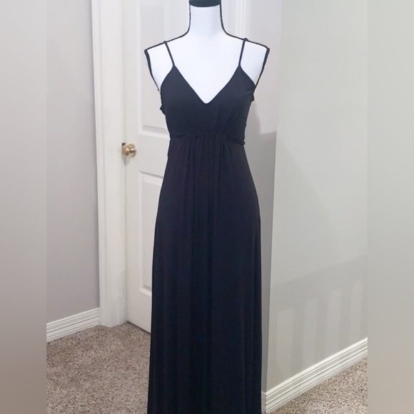 Moda International Pleated Tie Waist Boho Jersey Knit Maxi Dress Black sz Small - Picture 6 of 16